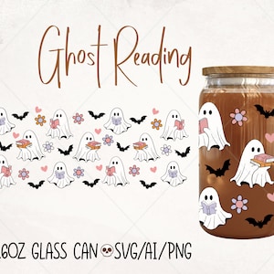 Halloween Ghost Reading Libbey Glass Wrap SVG: 16oz Can Design (Digital Download)