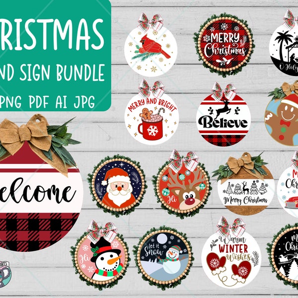 Bundle de Noël rond signe SVG, lot de svg de Noël, accroche-porte de Noël SVG, svg de plaque de porte de Noël, panneau de bienvenue de Noël