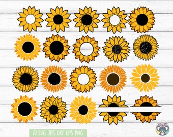 Puede incluir: Conjunto de 20 archivos de corte SVG de girasol. Los girasoles están en varios estilos, incluyendo sólido, delineado y dividido para monogramas. Los girasoles son amarillos con centros negros.