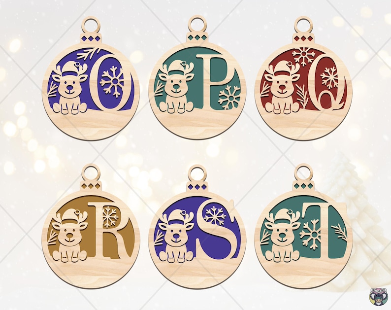 May include: Wooden Christmas ornaments with letters O, P, Q, R, S, and T. Each ornament features a reindeer wearing a Santa hat, a snowflake, and a letter. The letters are in various colors, including blue, red, and brown.