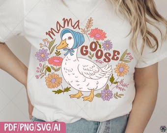 花柄のママグースPNG：レトロな母の日デザイン（デジタルダウンロード）