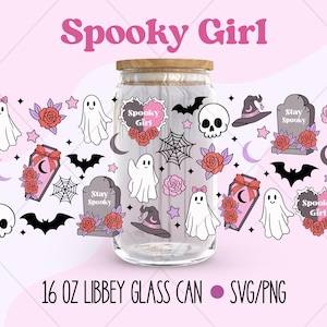Spooky Girl Libbey Glass Wrap, Halloween Can Glass, Cute Pink Ghost 16oz Cup Wrap PNG, Halloween Tumbler Wrap, Kawaii Glass Can Sublimation