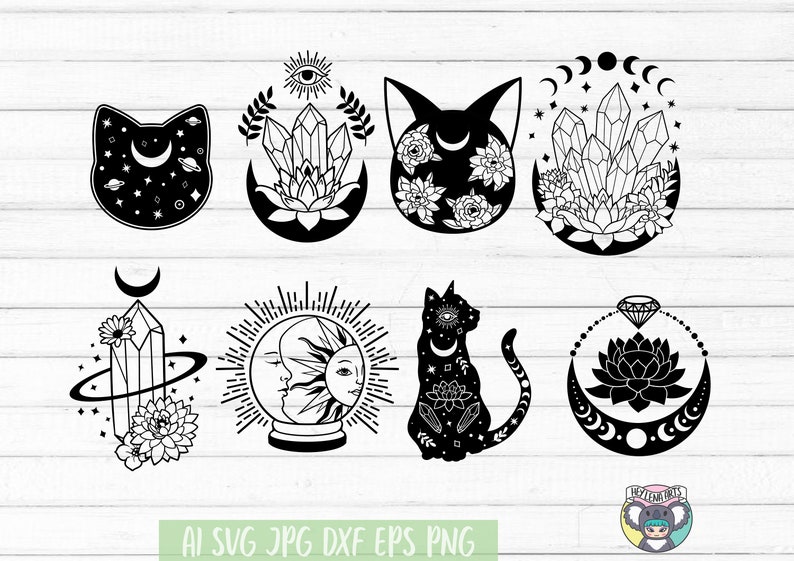 May include: A set of eight black and white digital illustrations featuring mystical and celestial themes. The illustrations include a cat, crystals, moons, stars, a sun, and a lotus flower.