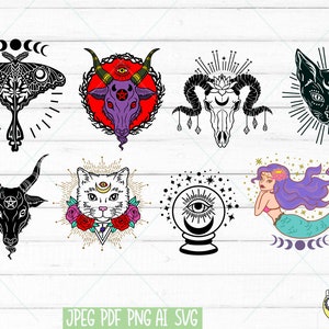 May include: A set of eight black and white illustrations with a mystical and occult theme. The illustrations include a moth, a goat head, a skull, a cat, a cat head, a crystal ball, a mermaid, and a goat head with a pentagram.