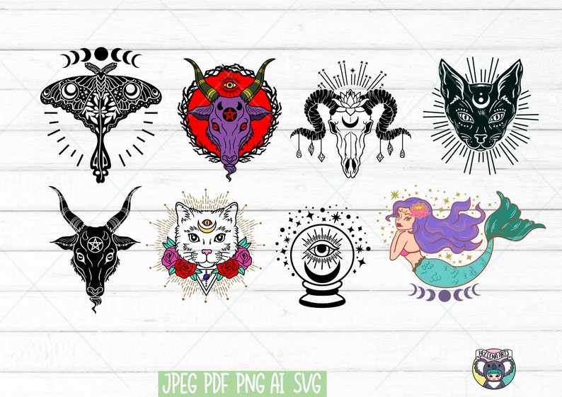 May include: A set of eight black and white illustrations with a mystical and occult theme. The illustrations include a moth, a goat head, a skull, a cat, a cat head, a crystal ball, a mermaid, and a goat head with a pentagram.