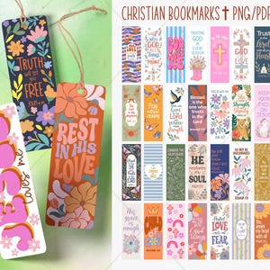 May include: A collection of Christian-themed bookmarks with various designs and inspirational quotes. The bookmarks feature floral patterns, crosses, and phrases like "Rest in His Love" and "Jesus loves me." The image also includes the text "Christian Bookmarks + PNG/PDF/SVG."