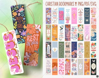 May include: A selection of Christian bookmarks with diverse designs and uplifting quotes. The bookmarks showcase floral patterns, crosses, and phrases such as "Rest in His Love" and "Jesus loves me." The image also includes the text "Christian Bookmarks + PNG/PDF/SVG."