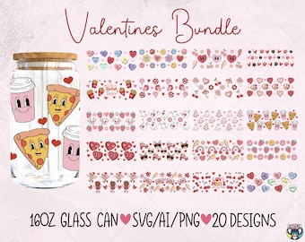Puede incluir: Un conjunto de 20 diseños de San Valentín con varias ilustraciones lindas, que incluyen corazones, pizza, tazas de café y otros elementos divertidos. Los diseños son perfectos para crear vasos personalizados, tazas u otras manualidades. Los diseños están disponibles en formatos SVG, AI y PNG.