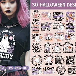 May include: A set of 30 Halloween-themed designs featuring ghosts, pumpkins, and spooky sayings. The designs are in a variety of colours, including pink, purple, black, and white. The designs are perfect for use on t-shirts, mugs, tote bags, and other merchandise.