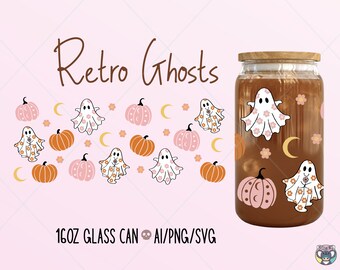 Retro Ghost Pumpkin 16oz Glass Can Wrap SVG (Digital Download)