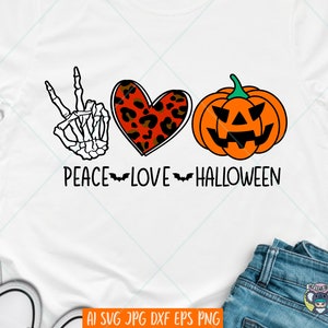 Peace Love Halloween svg, Halloween svg, Funny Halloween svg, Pumpkin Face Svg, Skeleton Hand svg, Halloween tee SVG, Svg Files for Cricut