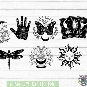 May include: Black and white illustrations of various mystical and spiritual symbols, including a crescent moon, a hand with an eye, a butterfly, tarot cards, a dragonfly, a crystal ball, and a sun.