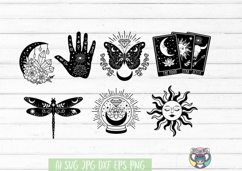 May include: Black and white illustrations of various mystical and spiritual symbols, including a crescent moon, a hand with an eye, a butterfly, tarot cards, a dragonfly, a crystal ball, and a sun.