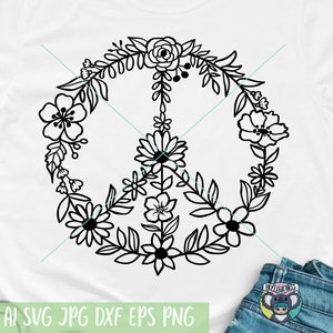Svg signe de la paix, fleurs sauvages, svg bohème, svg hippie, fichiers Svg pour cricut, fichier de coupe, fichiers dxf pour laser, png