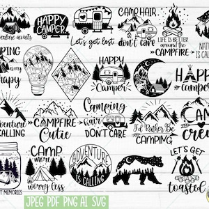 Paquete SVG de camping, Happy Camper svg, Summer Svg, Camping Sign Svg, Adventure is calling Svg, Camp Crew svg, Archivos Svg para Cricut, archivo de corte
