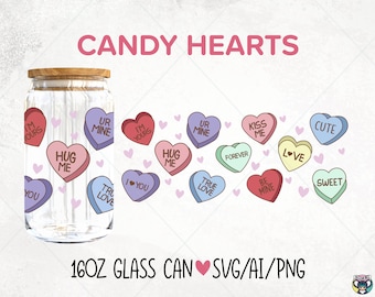 Candy Hearts Glass Wrap SVG: Valentijnsdag 16oz Libbey Can (digitale download)