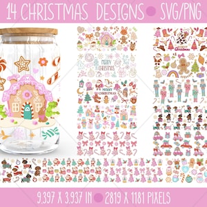 Könnte beinhalten: Ein klares Glas mit einem Holzdeckel, verziert mit weihnachtlichen Illustrationen, darunter ein Lebkuchenhaus, Zuckerstangen und Sterne. Das Bild zeigt auch verschiedene Weihnachtsdesigns und den Text "14 CHRISTMAS DESIGNS SVG/PNG".