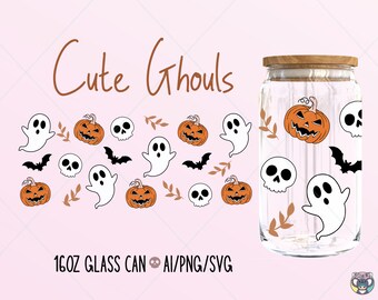 Cute Ghouls Halloween Glass Can Wrap SVG, PNG (Digital Download)