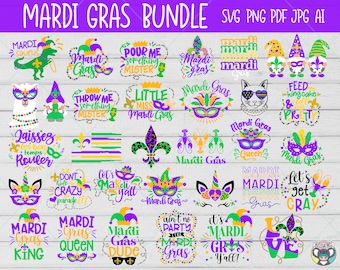 May include: A set of 25 Mardi Gras themed SVG cut files. The designs feature a variety of festive phrases and images, including a Mardi Gras king, queen, and a dinosaur wearing a Mardi Gras mask. The designs are perfect for creating custom t-shirts, mugs, signs, and more.