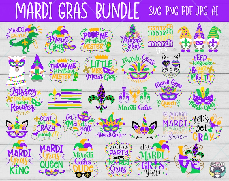May include: A set of 25 Mardi Gras themed SVG cut files. The designs feature a variety of festive phrases and images, including a Mardi Gras king, queen, and a dinosaur wearing a Mardi Gras mask. The designs are perfect for creating custom t-shirts, mugs, signs, and more.
