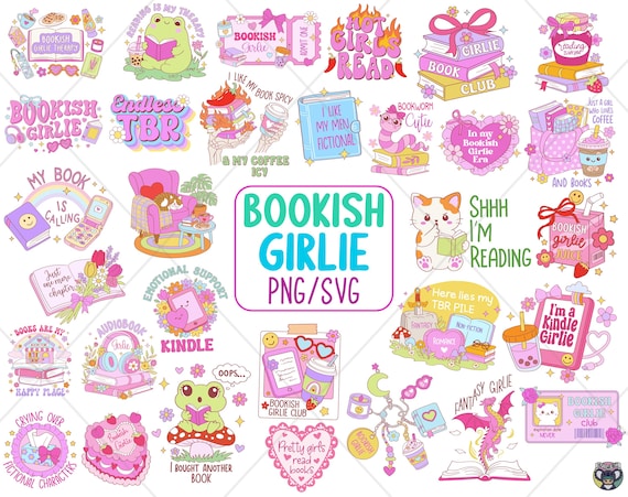 Bookish Girlie PNG Bundle, Book Lover Stickers