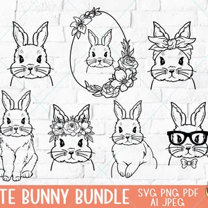 Svg de lapin, Pâques SVG, svg visage de lapin, svg de lapin de Pâques, lapin avec fleur, svg printemps, lapin avec bandana svg, fichiers Svg pour Cricut