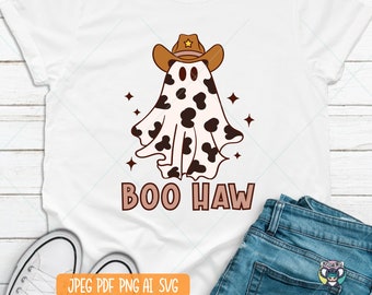 May include: A white t-shirt with a cartoon ghost wearing a cowboy hat with a cow print design. The text "BOO HAW" is printed below the ghost.