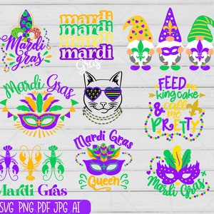 May include: A set of 10 Mardi Gras themed digital designs featuring gnomes, cats, masks, and text. The designs are in purple, green, and gold colors.