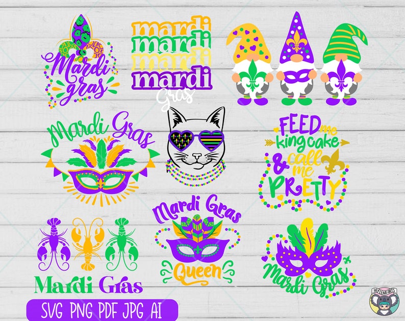 May include: A set of 10 Mardi Gras themed digital designs featuring gnomes, cats, masks, and text. The designs are in purple, green, and gold colors.