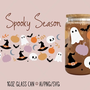 Halloween Glass Wrap svg, Ghost Libbey Glass Svg, Libbey Glass Can 16oz svg, Spooky Season svg, Halloween Can Glass Svg, 16oz Glass Can Wrap