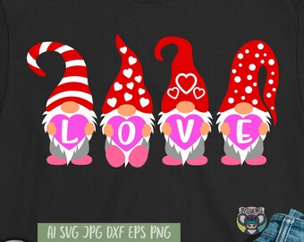May include: Four gnomes with red hats and white beards holding pink hearts with the letters L, O, V, and E. The gnomes are on a black background.