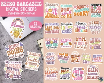 Può includere: Un set di 25 adesivi digitali in stile retrò con frasi sarcastiche e divertenti. Gli adesivi presentano una varietà di colori e design, tra cui rosa, blu, verde e giallo. Alcune delle frasi includono "Occupato a non fare niente", "Non vedo alcuna ragione per comportarmi in base alla mia età" e "Se solo il sarcasmo bruciasse calorie".