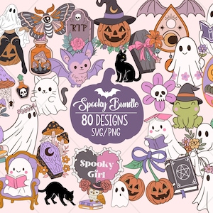 May include: A collection of whimsical Halloween-themed illustrations. The image features ghosts, pumpkins, bats, cats, and other spooky elements. The text "Spooky Bundle 80 Designs SVG/PNG" is also included.