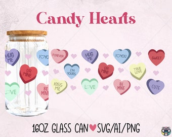Candy Hearts Glass Can Wrap SVG: Valentijnsdag Libbey 16oz (digitale download)