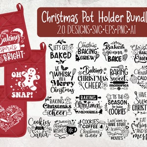 May include: A set of 20 Christmas-themed pot holder designs featuring various baking-related phrases and illustrations. The designs are in black and white and are displayed on a red background.