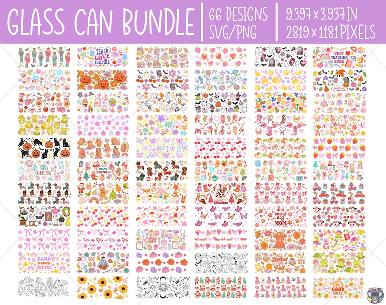May include: A bundle of 66 SVG and PNG designs for glass cans, showcasing a variety of colourful illustrations. The designs include seasonal themes, animals, floral patterns, and text. The image includes the text "GLASS CAN BUNDLE".