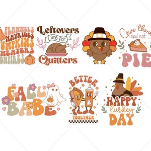 May include: A set of ten digital Thanksgiving-themed illustrations featuring turkeys, pumpkins, pie, and fall-themed text. The illustrations are in a retro style with bright colors and bold fonts.