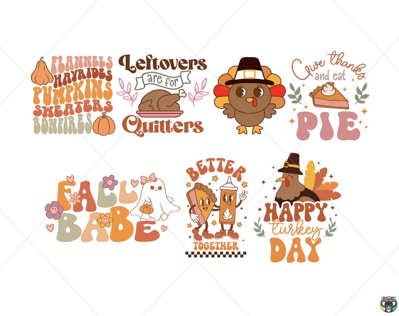 May include: A set of ten digital Thanksgiving-themed illustrations featuring turkeys, pumpkins, pie, and fall-themed text. The illustrations are in a retro style with bright colors and bold fonts.