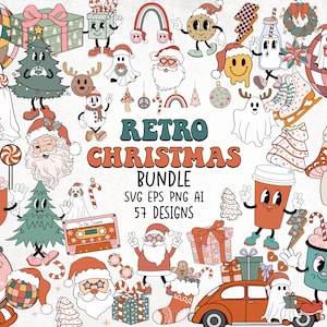 Retro kerst clipartbundel, Groovy Christmas SVG, kerst SVG, kerst clipart, retro kerst SVG, clipart bundel, kerst png