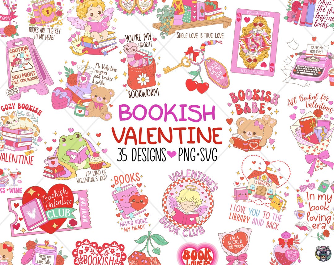 Bookish Valentine Png Svg Bundle | Book Lover Clipart, Stickers ...