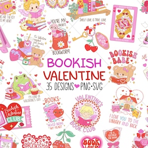May include: A selection of pink and red Valentine's Day themed graphics featuring book-related imagery. Designs include a frog reading, a teddy bear reading, a typewriter, and the text "Bookish Valentine 35 Designs".