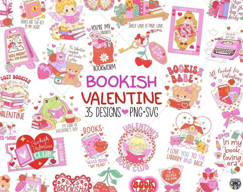 Bookish Valentine Png Svg Bundle | Book Lover Clipart, Stickers ...