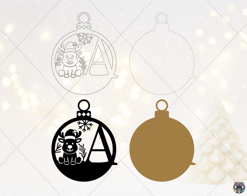 May include: Christmas ornament designs featuring a reindeer wearing a Santa hat, a snowflake, and the letter "A". One design is black, and the other is a line drawing. The ornaments have a loop for hanging.