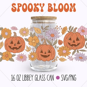 Floral Jack O&#39;Lantern Libbey Glass Can Wrap: Halloween Tumbler Design (PNG SVG Digital Download)
