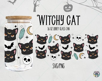 Witchy Cat Halloween Glass Can Wrap SVG PNG: 16oz Libbey Design (Digital Download)