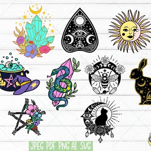 May include: A set of nine black and white illustrations with a mystical and occult theme. The illustrations include a crystal, a witch's cauldron, a snake, a bee, a rabbit, a sun and moon, a pentagram, a cat, and a Ouija board.