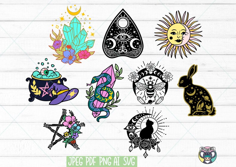 May include: A set of nine black and white illustrations with a mystical and occult theme. The illustrations include a crystal, a witch's cauldron, a snake, a bee, a rabbit, a sun and moon, a pentagram, a cat, and a Ouija board.