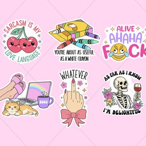 May include: A selection of humorous stickers featuring various designs. These include cherries with the text "Sarcasm is my love language," a box of crayons, a crying emoji, a hand with a middle finger, a skeleton with wine, a cat, a laptop, and a coffee mug.