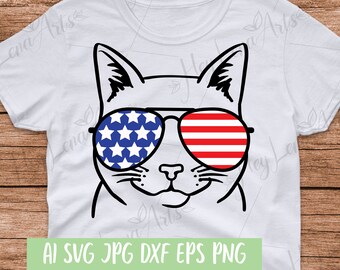 Patriotic Cat SVG: American Flag Sunglasses, 4th of July (Digital Download)