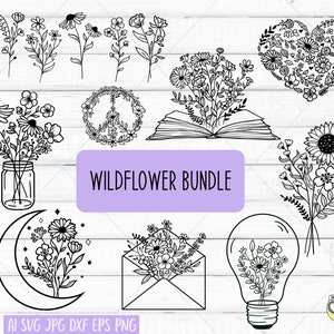 Pakiet Wildflower svg, Wildflower svg, Pakiet Flower Svg, Bukiet kwiatów SVG, Słoik Mason svg, Znak pokoju svg, Pliki Svg dla Cricut, plik do cięcia